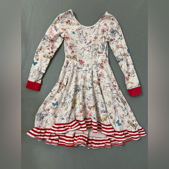 Rock Your Kid Hi Low Long Sleeve Ruffle Hem Dress 8 Girls Rainbow Unicorn *FLAWS - Picture 1 of 14